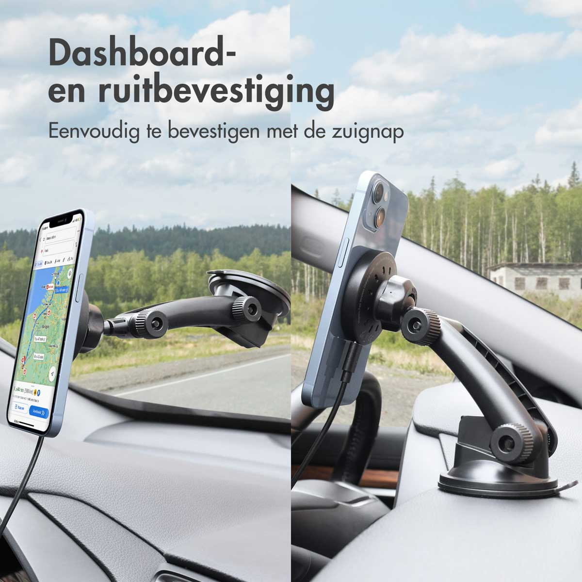 Two car phone mounts, both with phones attached. Background is a forest.