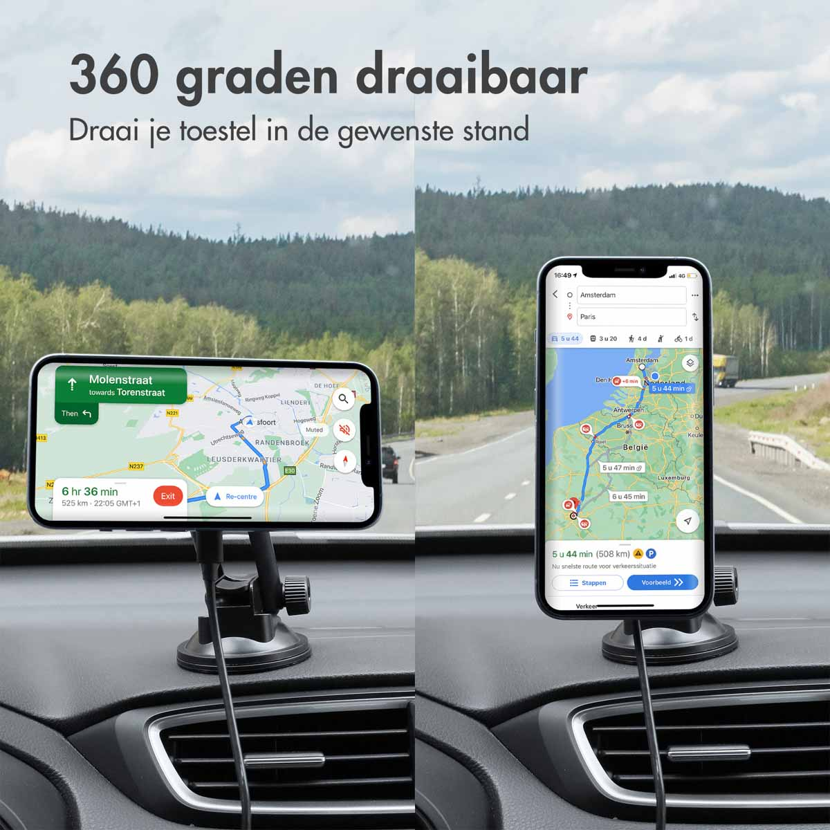 Two phones on a car dashboard display navigation maps in different views.