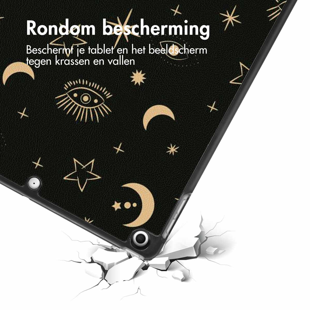 Tablet in black case with gold celestial patterns. The case is cracked.