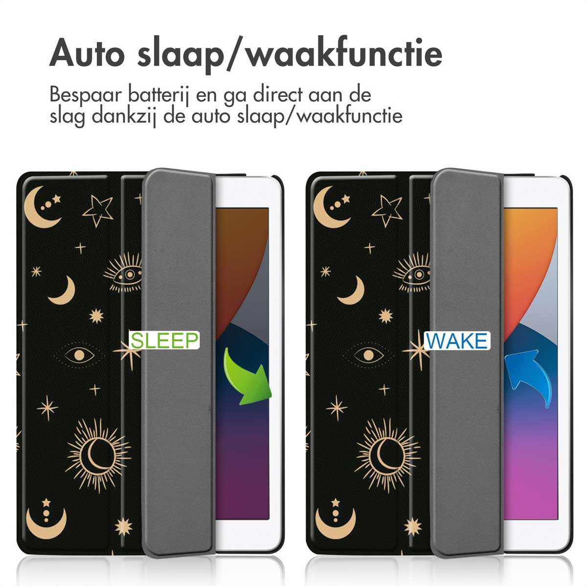 Black tablet case, open and closed. Shows sleep and wake function. Moon and star design.