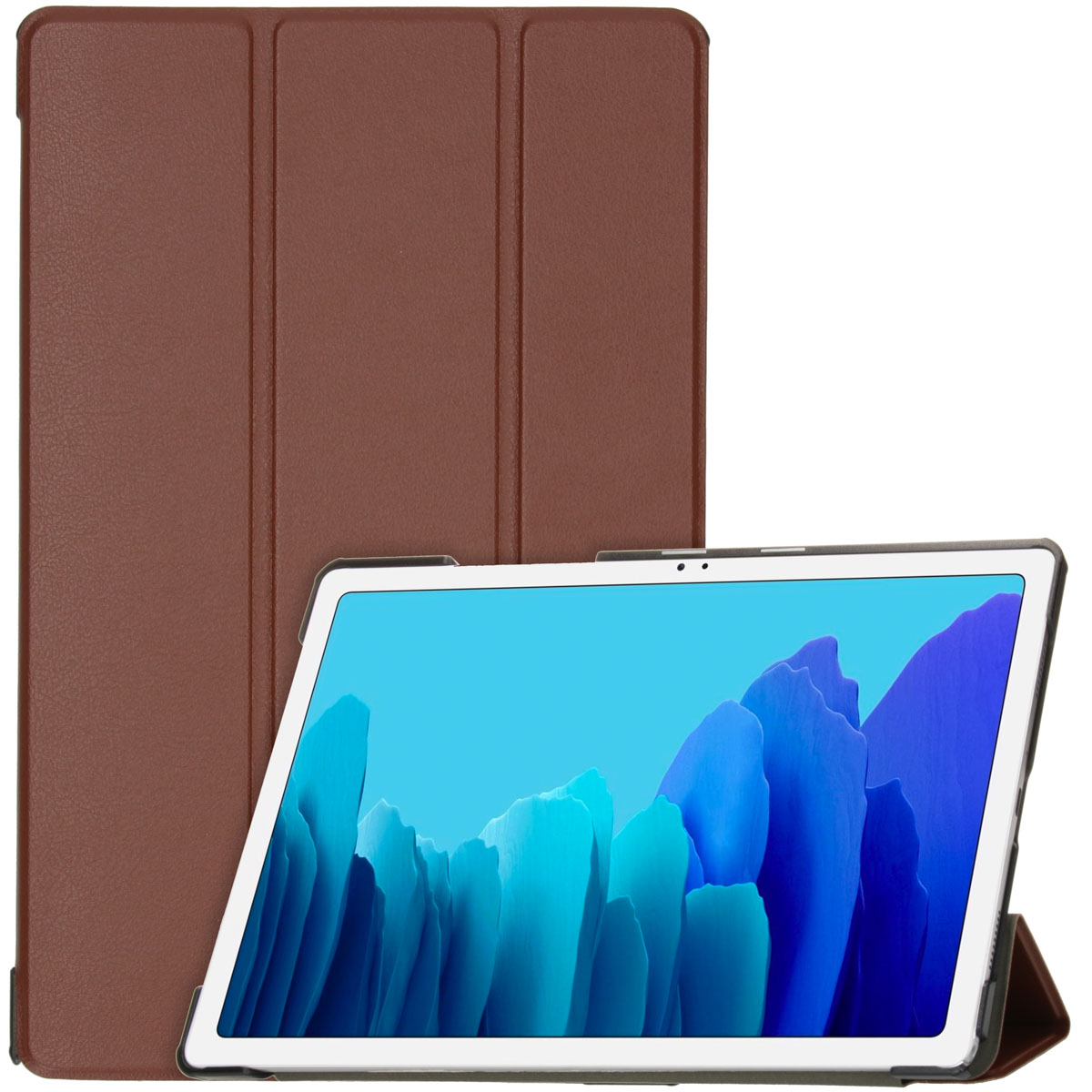 Bruine tablethoes in twee posities. Tablet staat in de tweede positie rechtop, met een blauwe achtergrond.