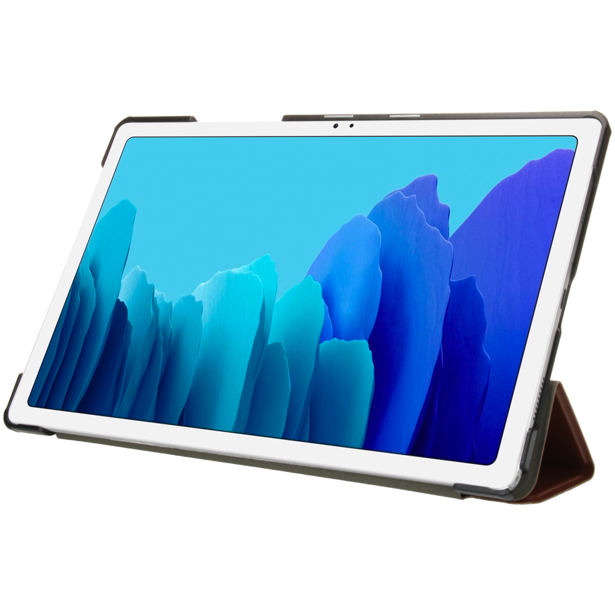 Een tablet in een bruine hoes, schuin op een wit oppervlak. Het scherm is zichtbaar.