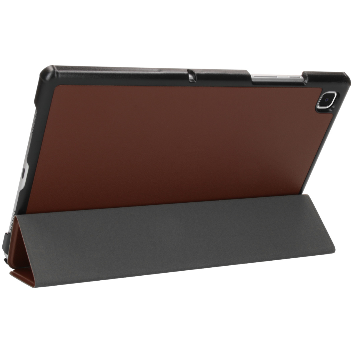 Tablet in een bruine en grijze hoes, open. De tablet staat met het scherm zichtbaar.