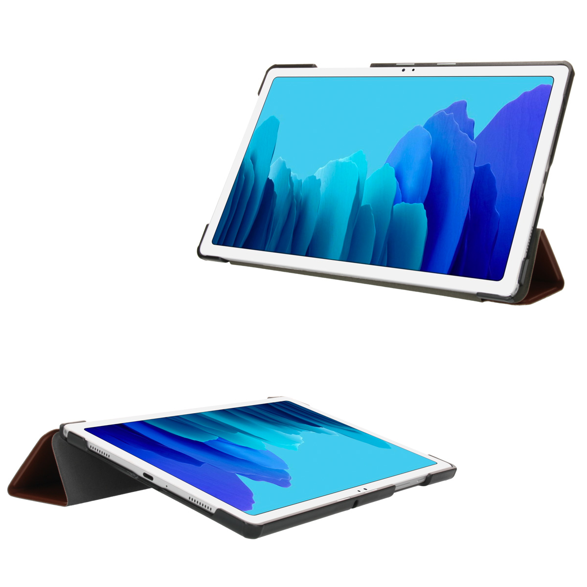 Tablethoes met tablet erin, twee weergaven. Bruine hoes, blauw scherm. Witte achtergrond, productfoto.
