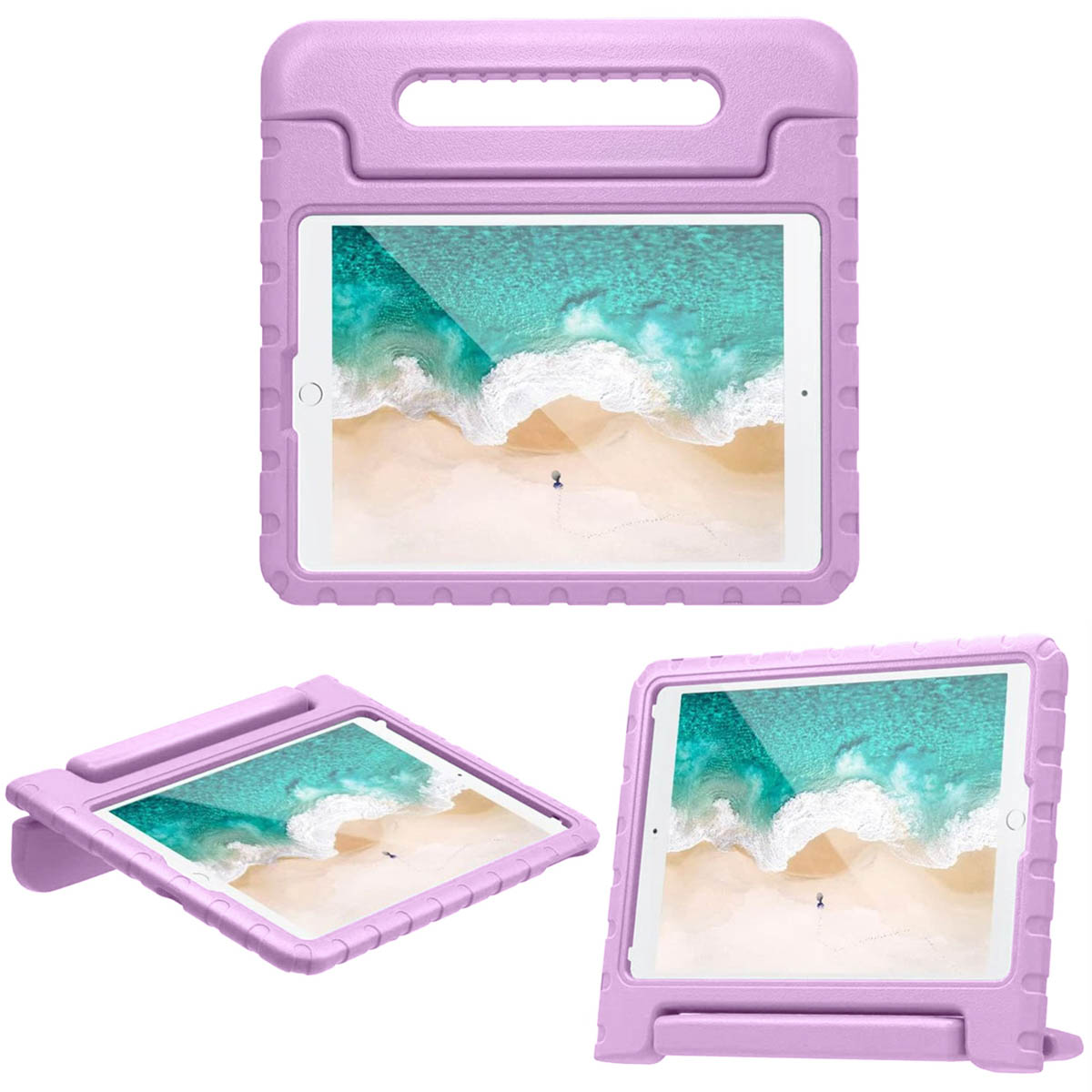 Three images of a tablet in a light purple case. The case has a handle and protects the screen.