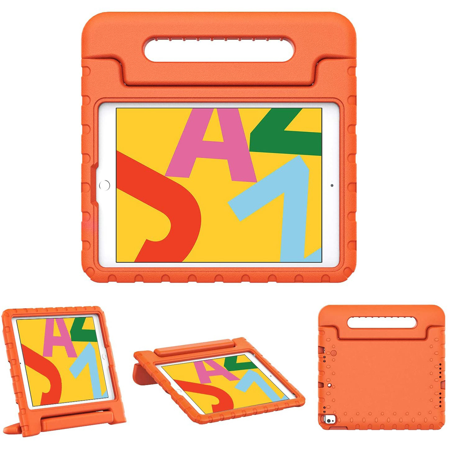 Oranje tablethoes met handvat, in drie posities. Toont de tablet binnenin en de details van de hoes.