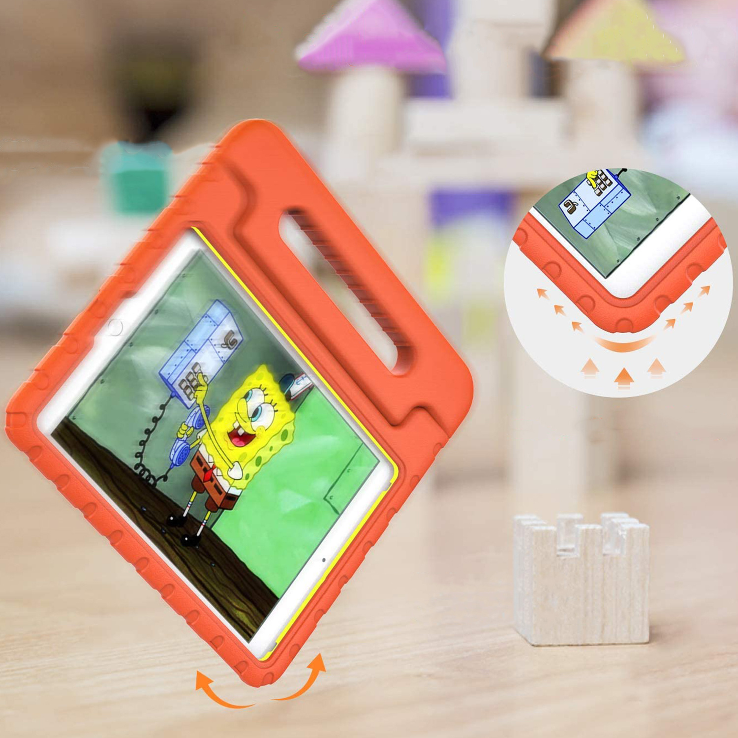 Oranje schuimtabletcase met SpongeBob op het scherm. Witte achtergrond, productfoto.