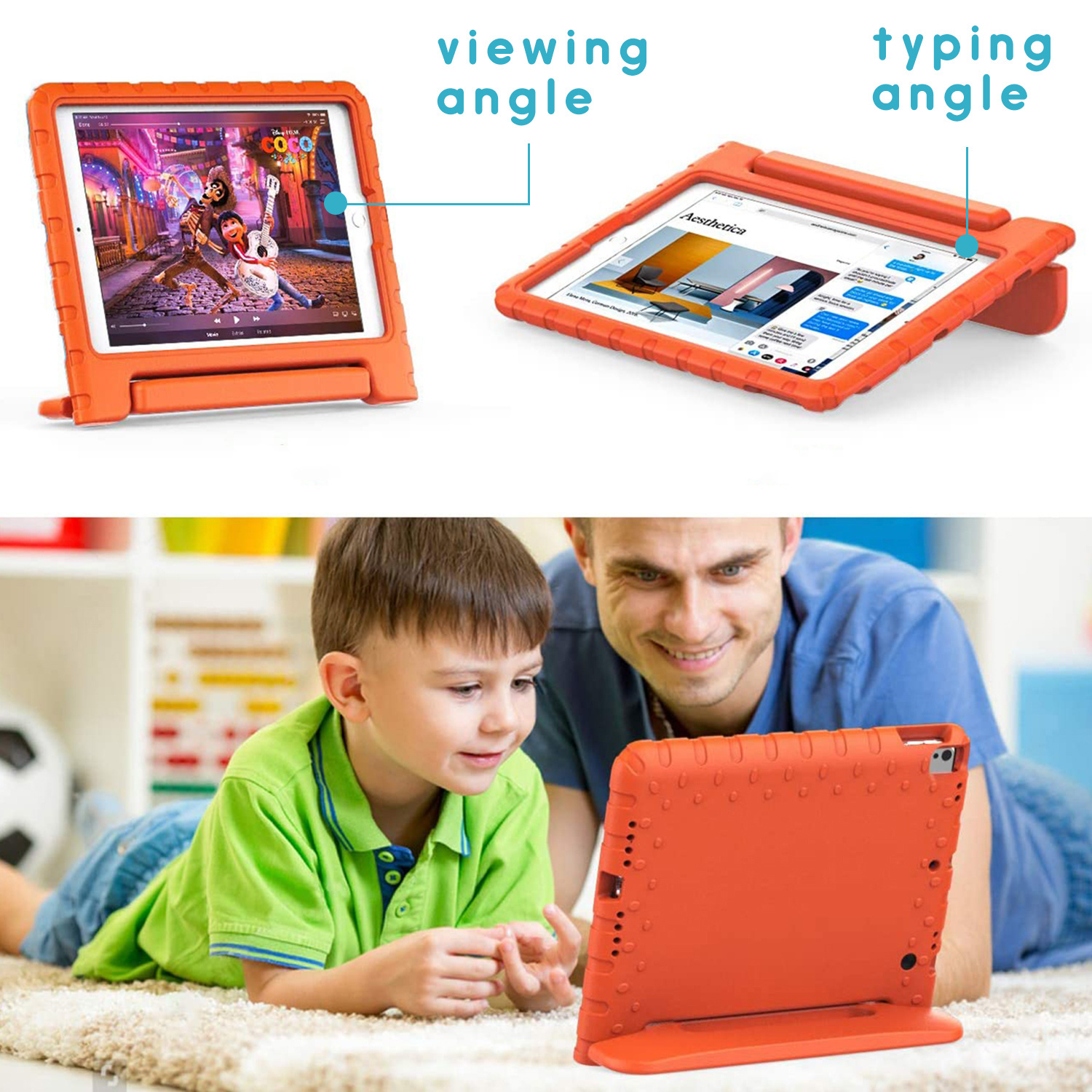 Oranje tablethoes met kijk- en typ hoeken, met een kind en een volwassene.