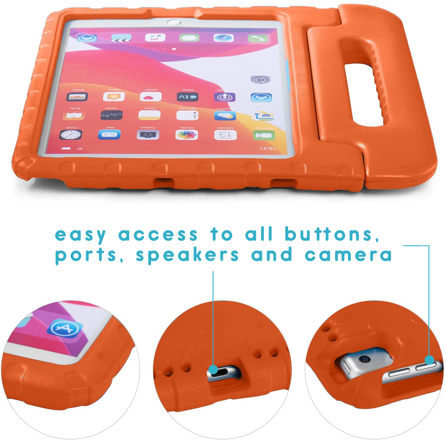 Oranje tabletcase met handvat en uitsparingen. De tablet zit erin. Drie close-ups van details.