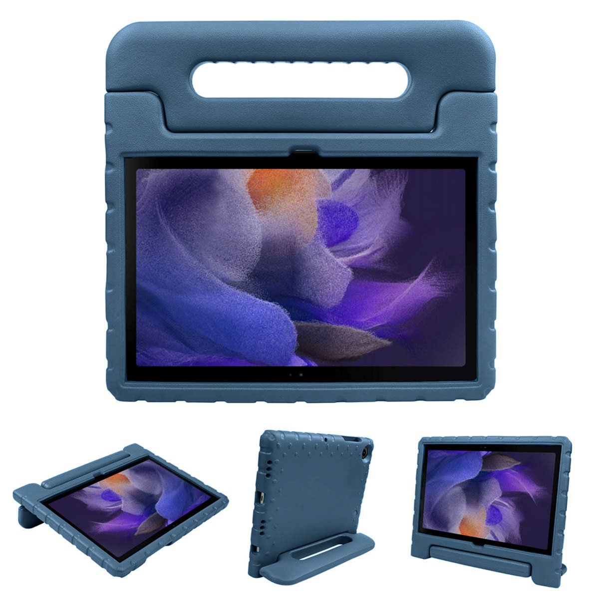 Een blauwe tablethoes voor kinderen. Het heeft een handvat en standaard. Het tabletscherm is zichtbaar.