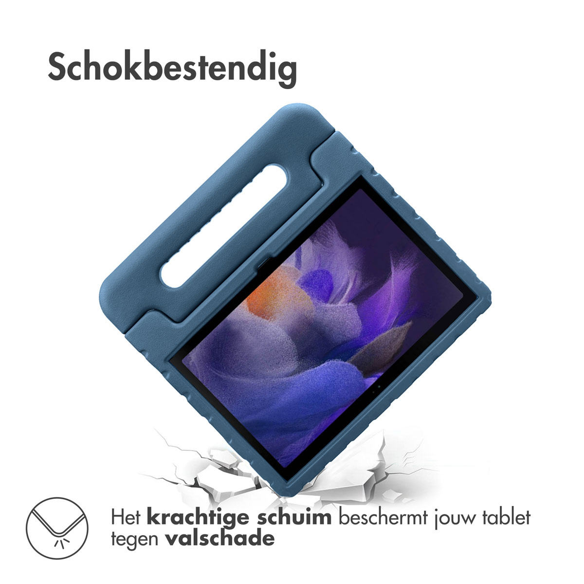 Blauwe tablethoes met tablet erin, impactschade. Tekst: Het sterke schuim beschermt je tablet.