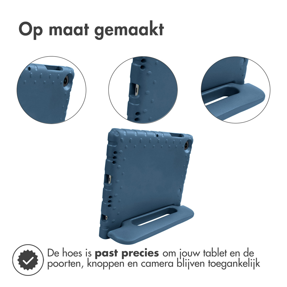 Blauwe tablethoes met details. Drie weergaven van de hoes. Witte achtergrond, productfoto.