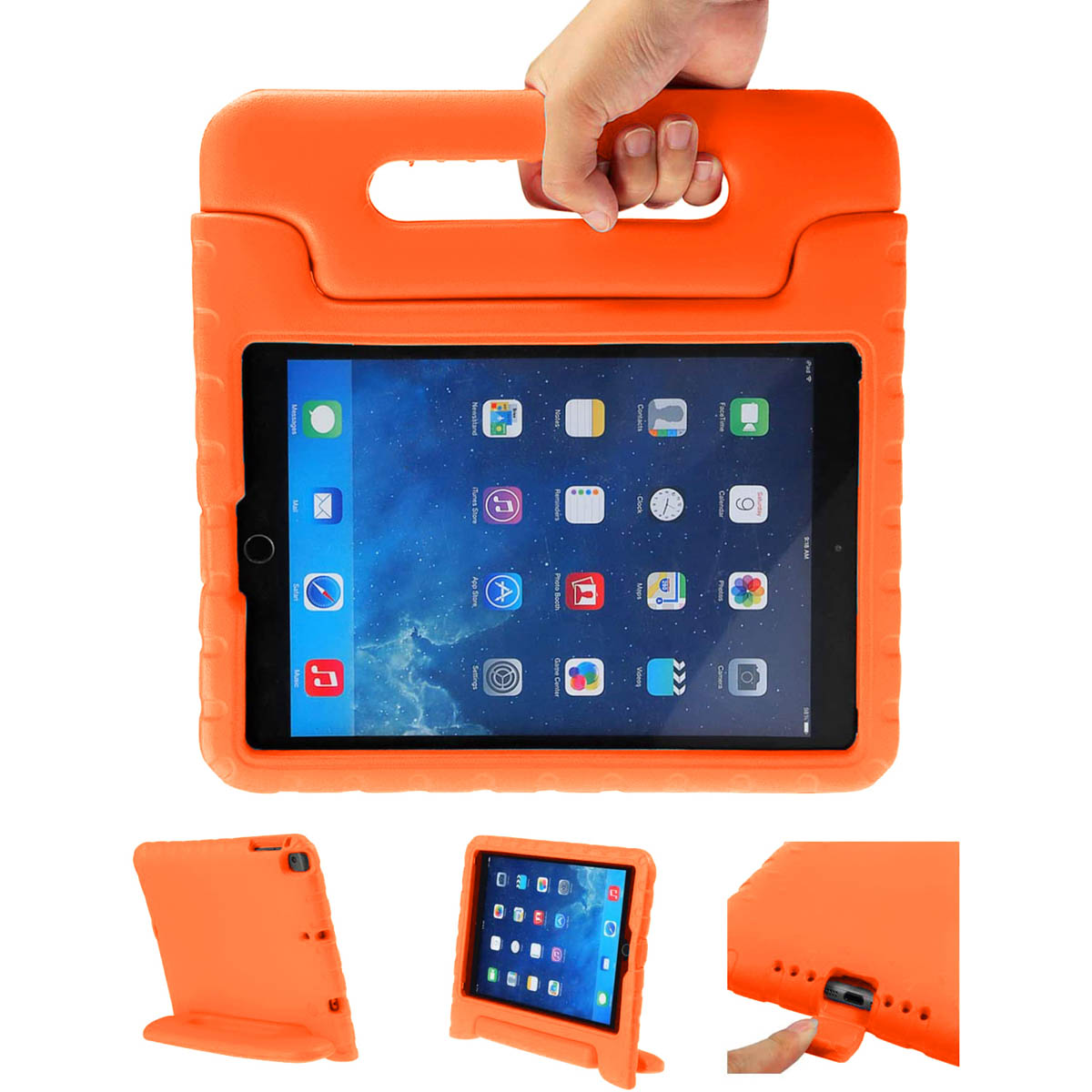 Oranje tablethoes met handvat, met een tablet met app-pictogrammen. Drie weergaven getoond.