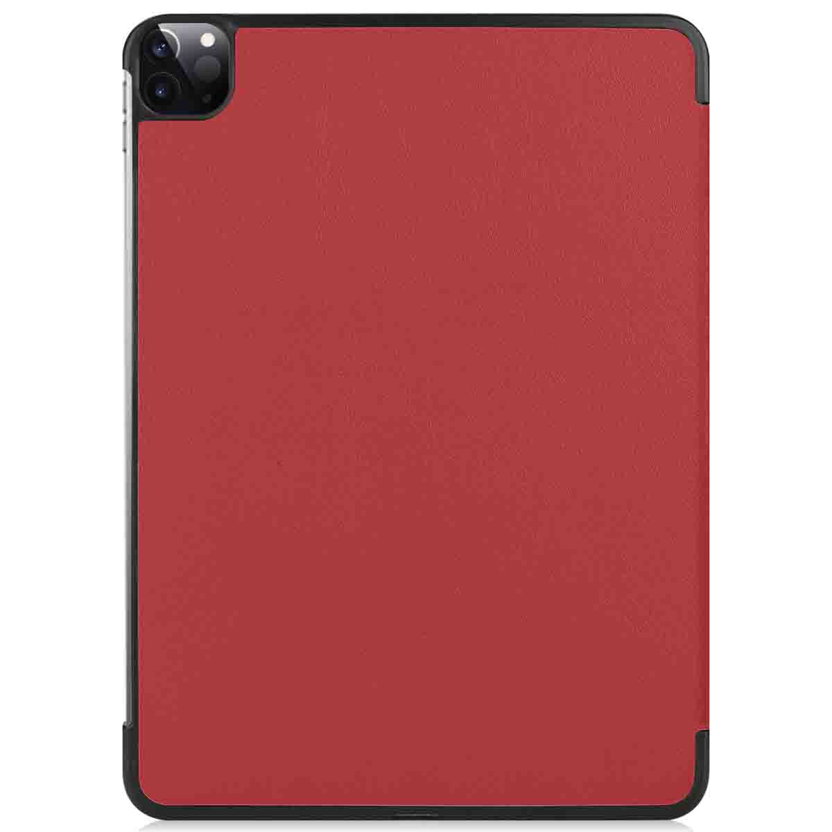 A red tablet case, black frame with cameras. The case shows the back of the tablet with no screen.