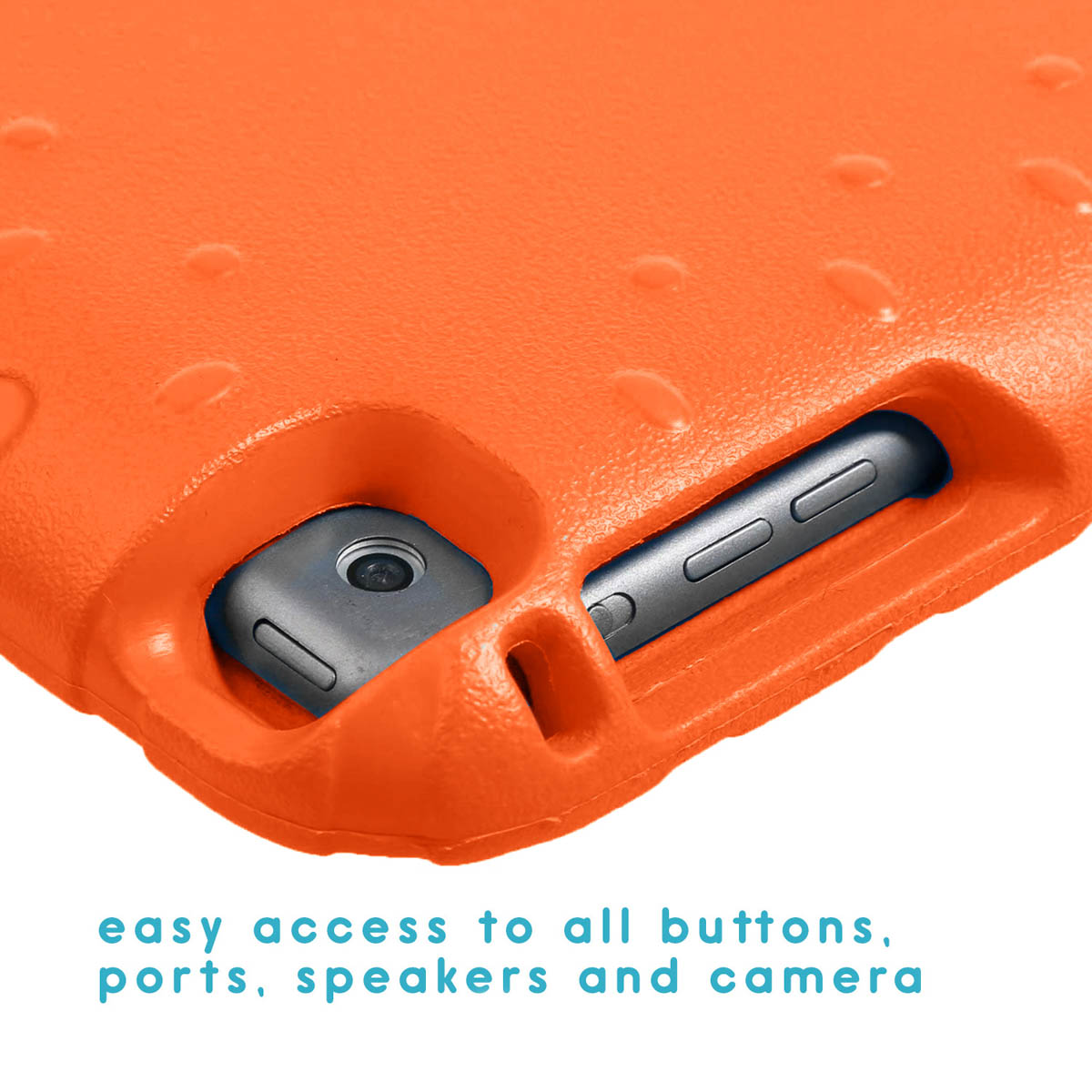 Close-up van een tablethoes. Tablet en hoes tonen toegang tot knoppen, poorten, luidsprekers en camera.