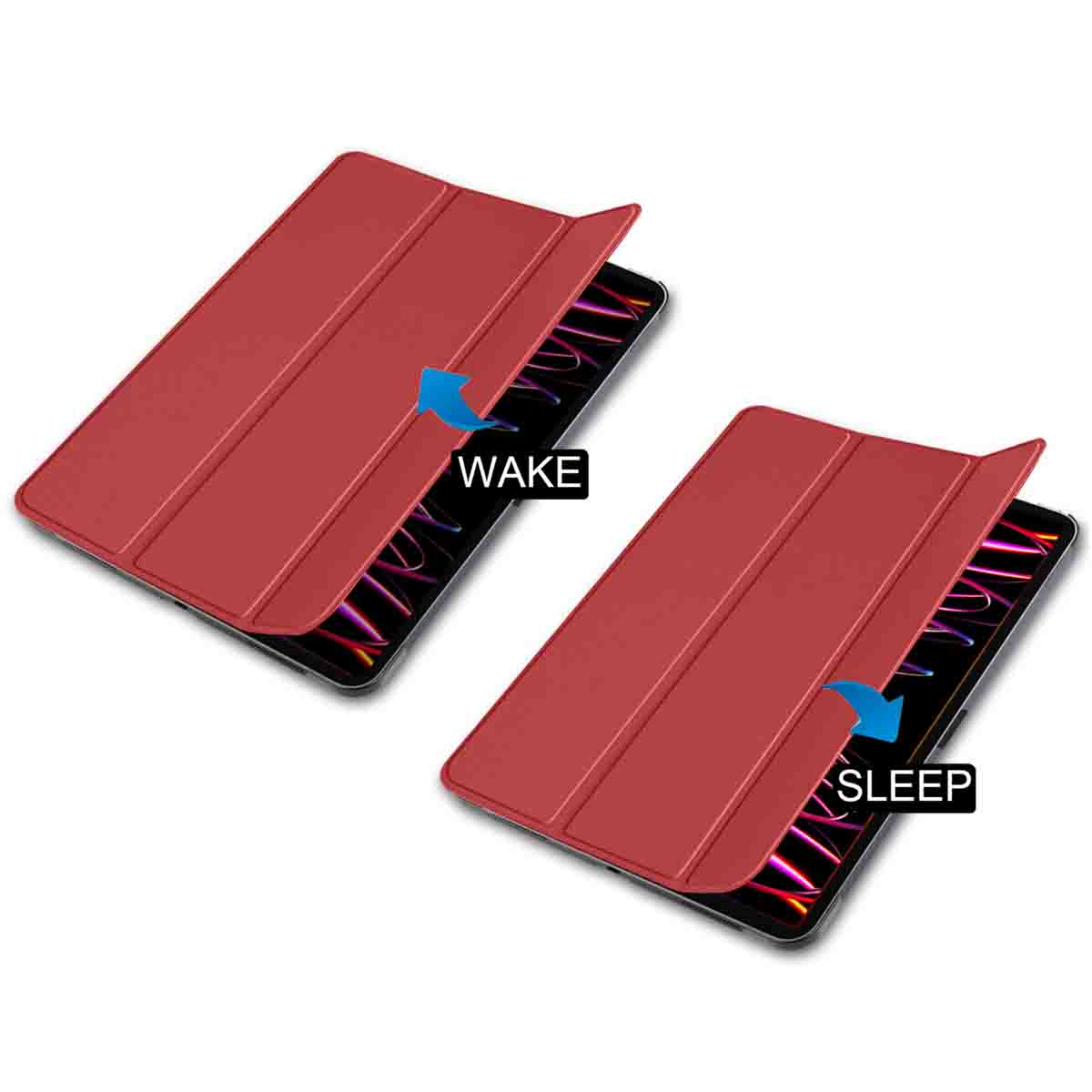 Two red tablet cases. The covers are open, with 'wake' and 'sleep' labels.