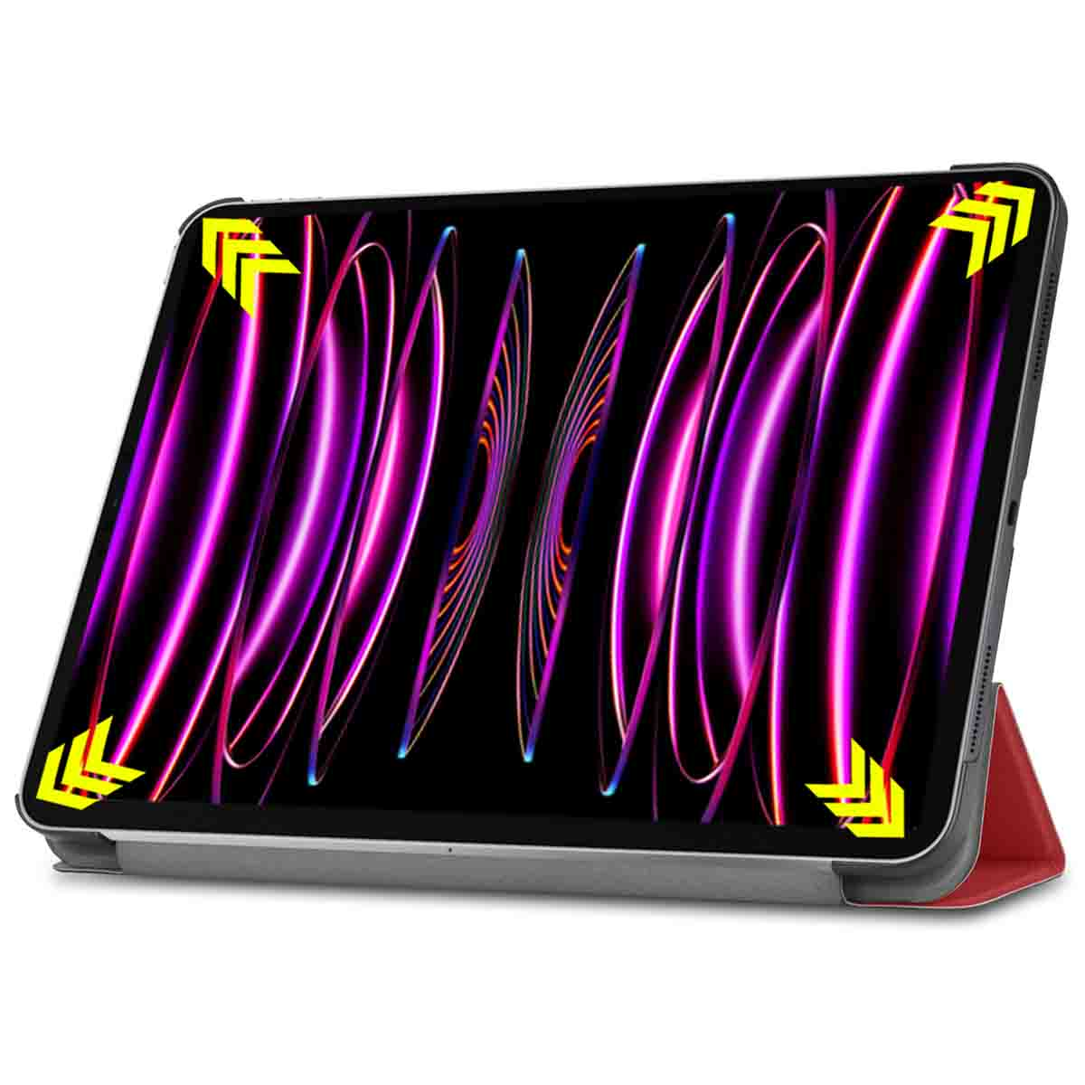 A tablet in a case, with a vibrant, multi-colored screen. The case is red and gray.