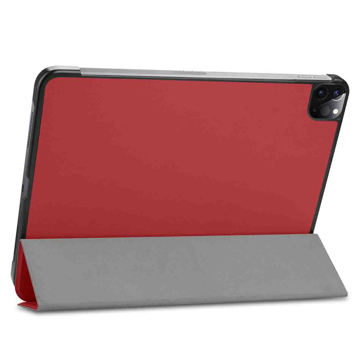 Red tablet case with gray stand. Tablet inside. White background, product shot.
