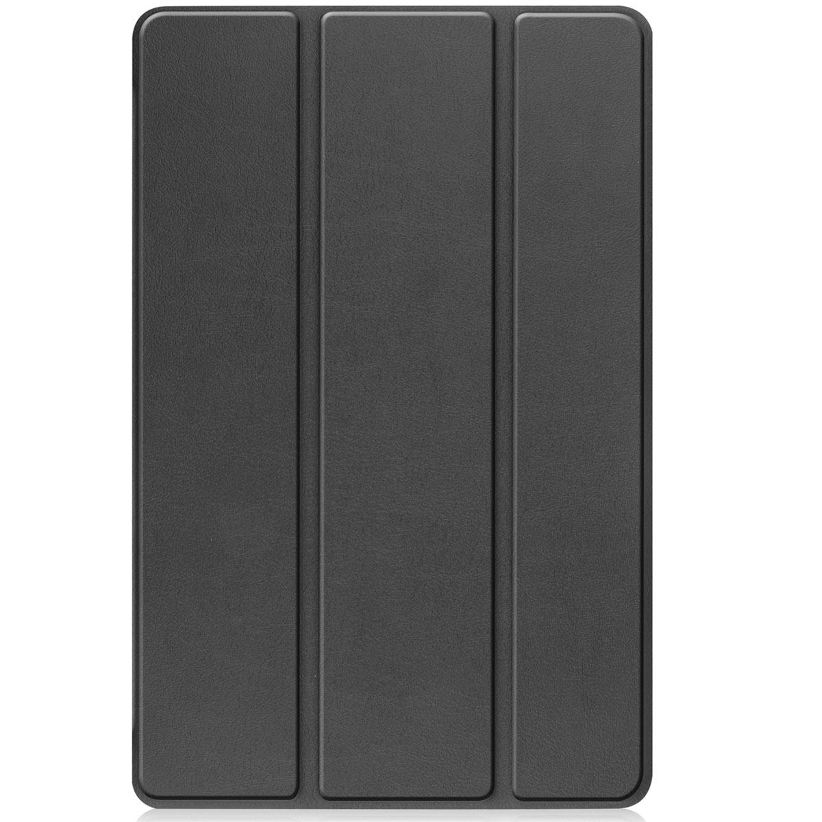 A closed, dark gray tablet case with three vertical panels.