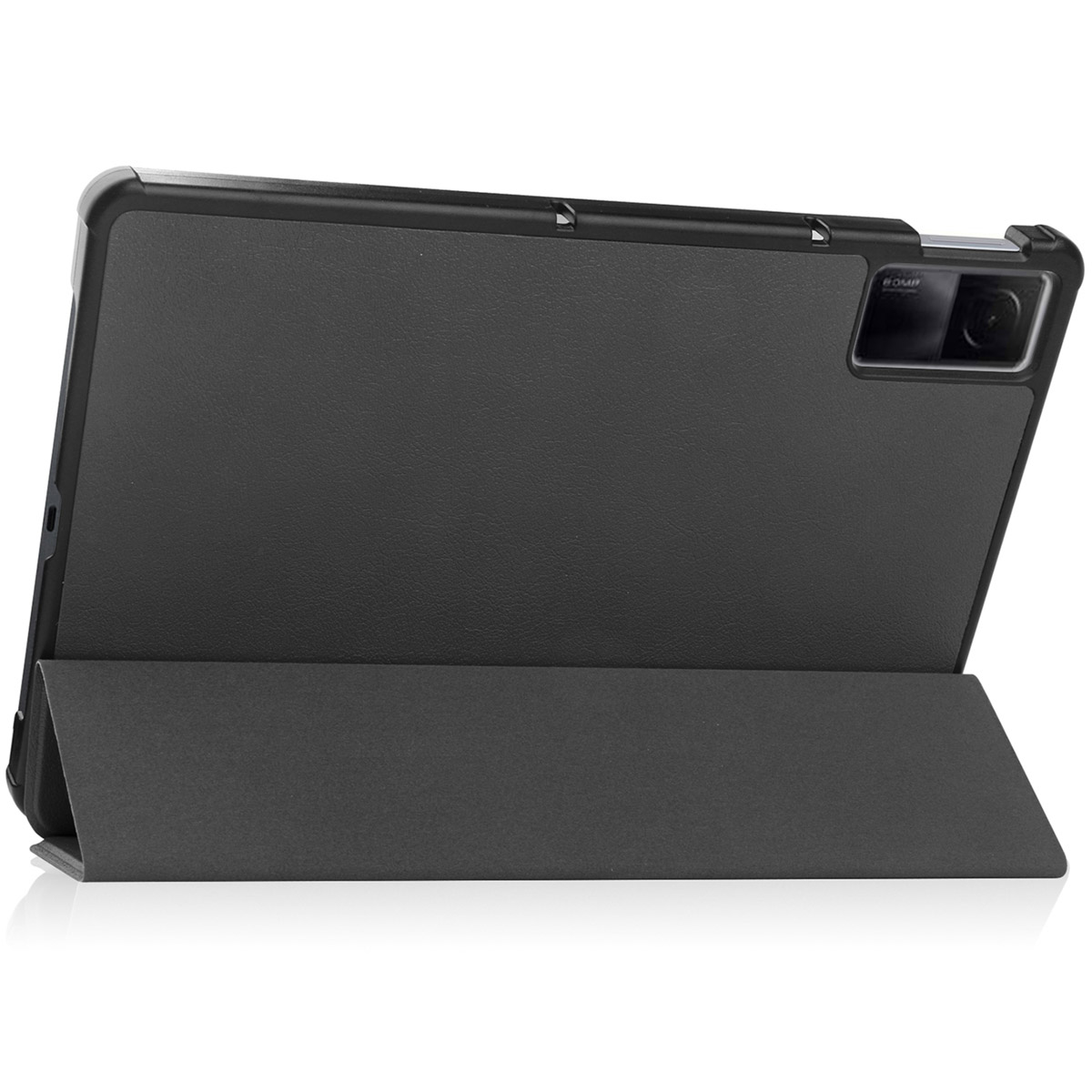 A black tablet in a case, with the cover folded to support the device. The background is white.