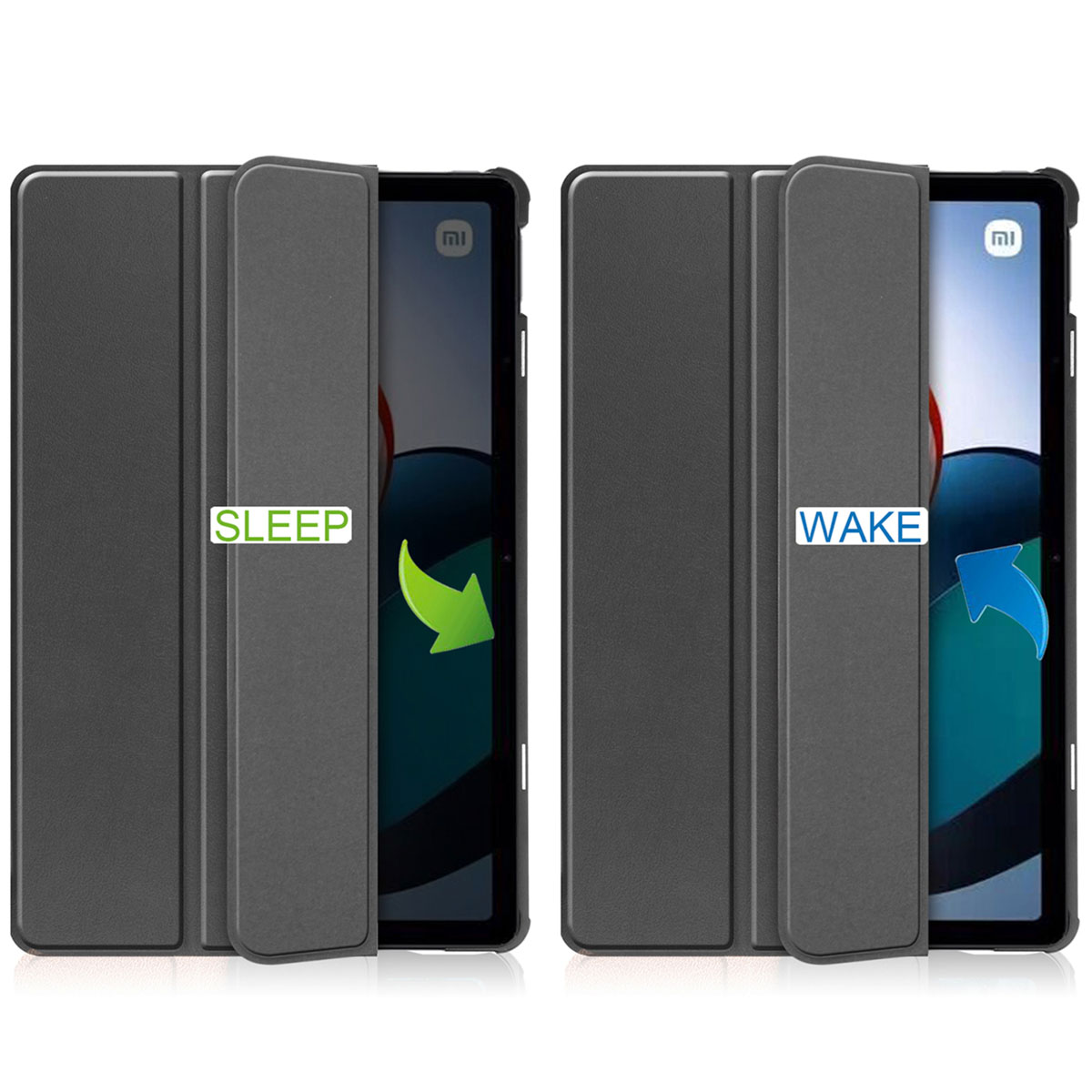 Two tablet covers, showing sleep/wake function. Gray covers with black tablets.