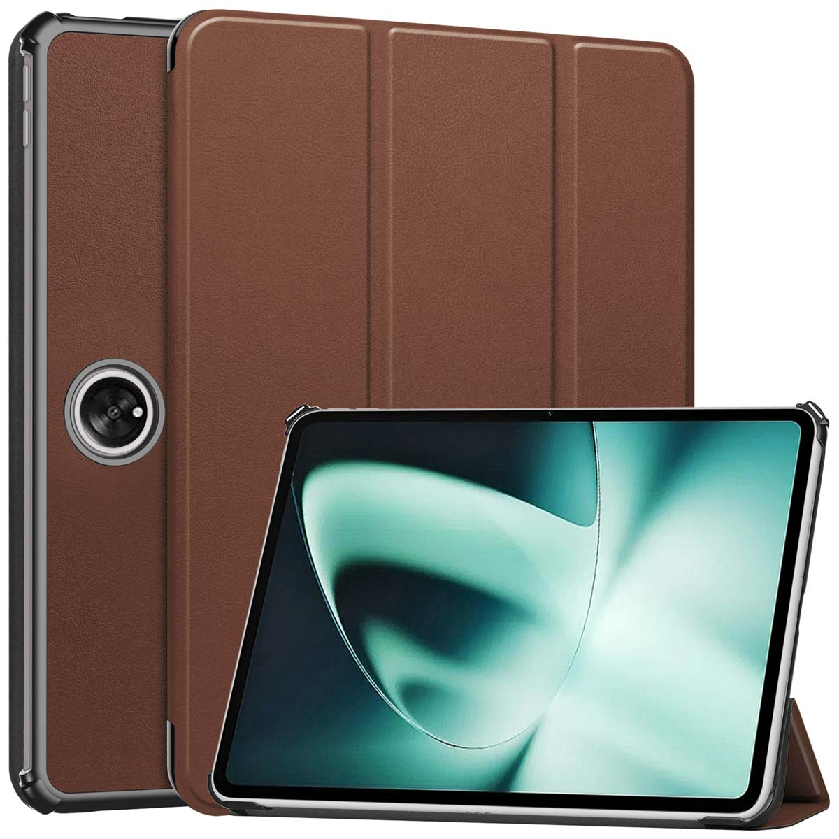 Tablette dans un étui marron. L'étui est fermé. Fond blanc.