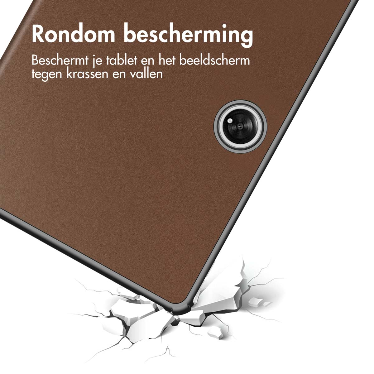 Un étui de tablette marron avec un sol cassé, montrant la fonction de protection d'écran.