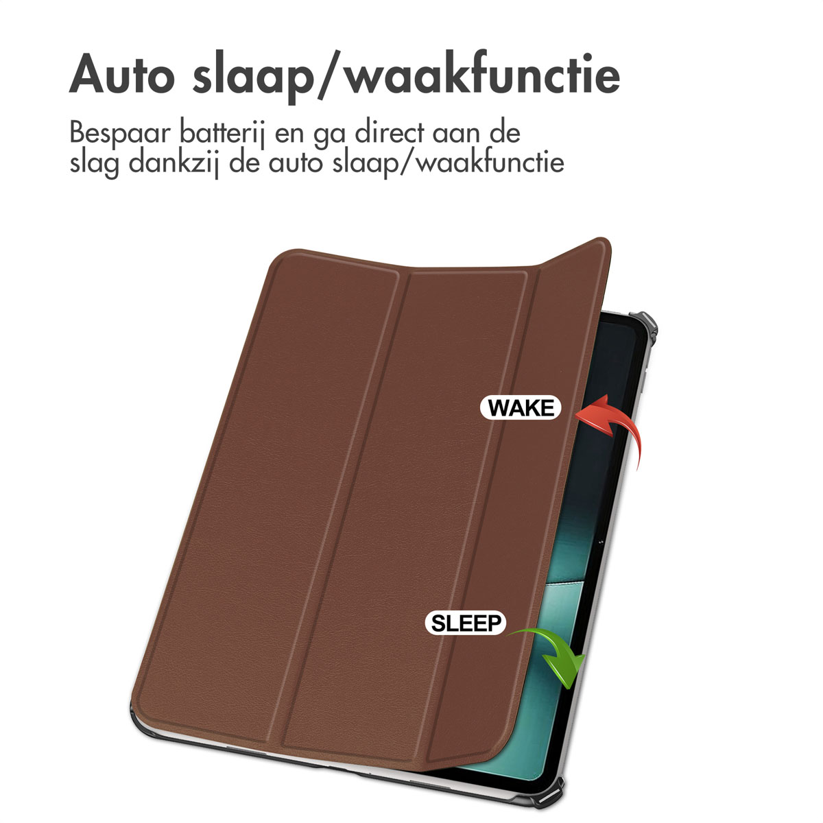 Un étui de tablette marron est ouvert. Les textes 'Wake' et 'Sleep' sont affichés avec des flèches. Fond blanc.