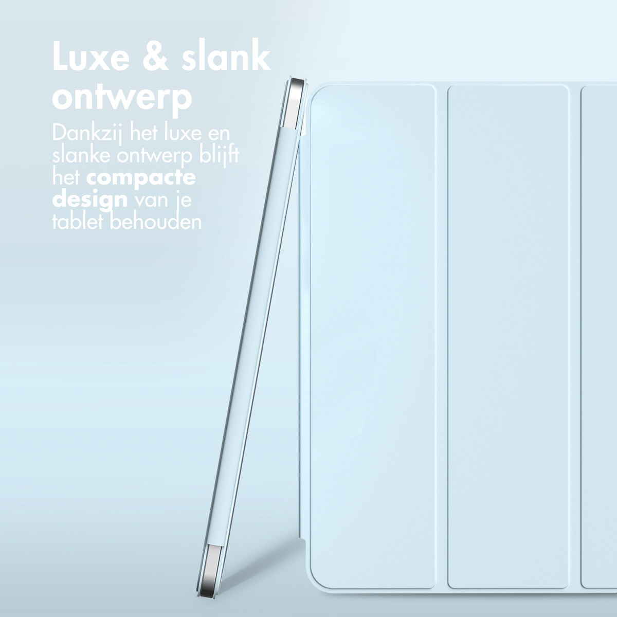 A tablet case, light blue, is slightly open. White background. Text on the side.
