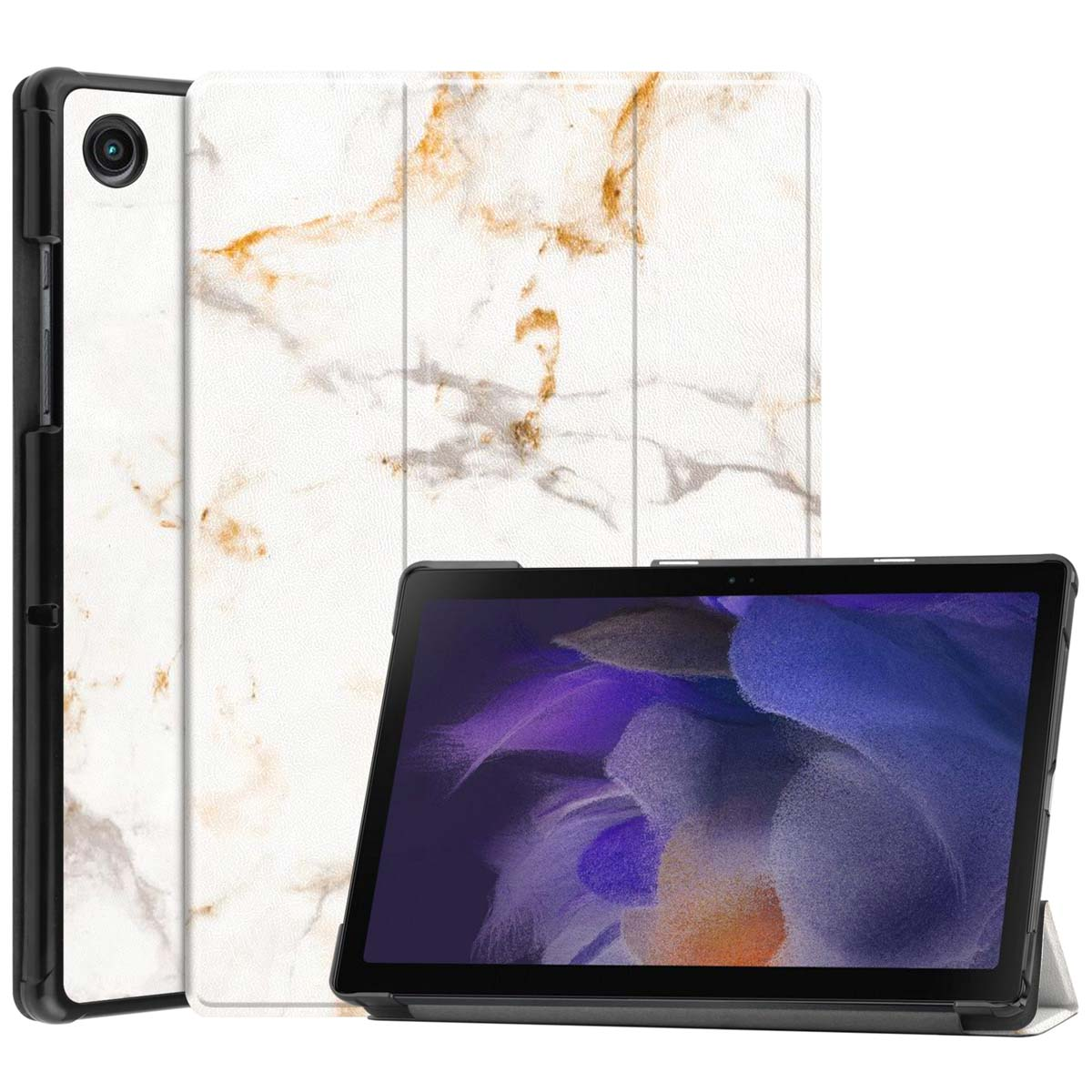 Tablette dans un étui à motifs de marbre blanc. L'étui est ouvert, montrant la tablette.