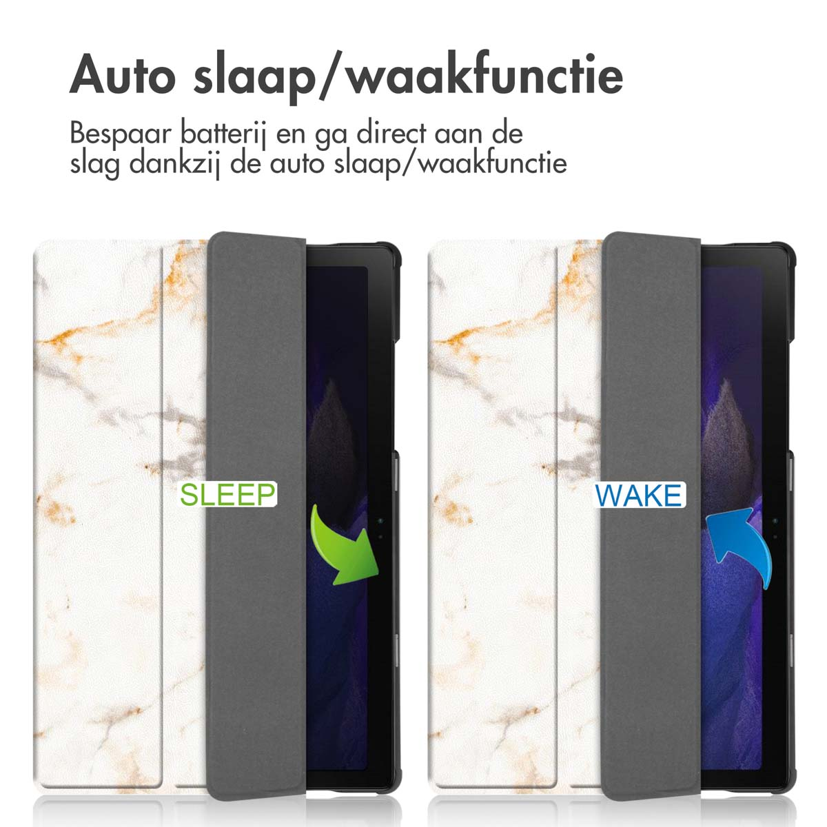 Étuis de tablettes, avec étiquettes 'sleep' et 'wake'. Des couvertures en marbre et grises sont montrées.