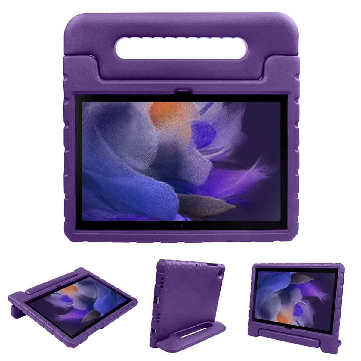 Paarse tablethoes met handvat, en een tablet erin. Extra weergaven van de hoes. Paarse kleur.