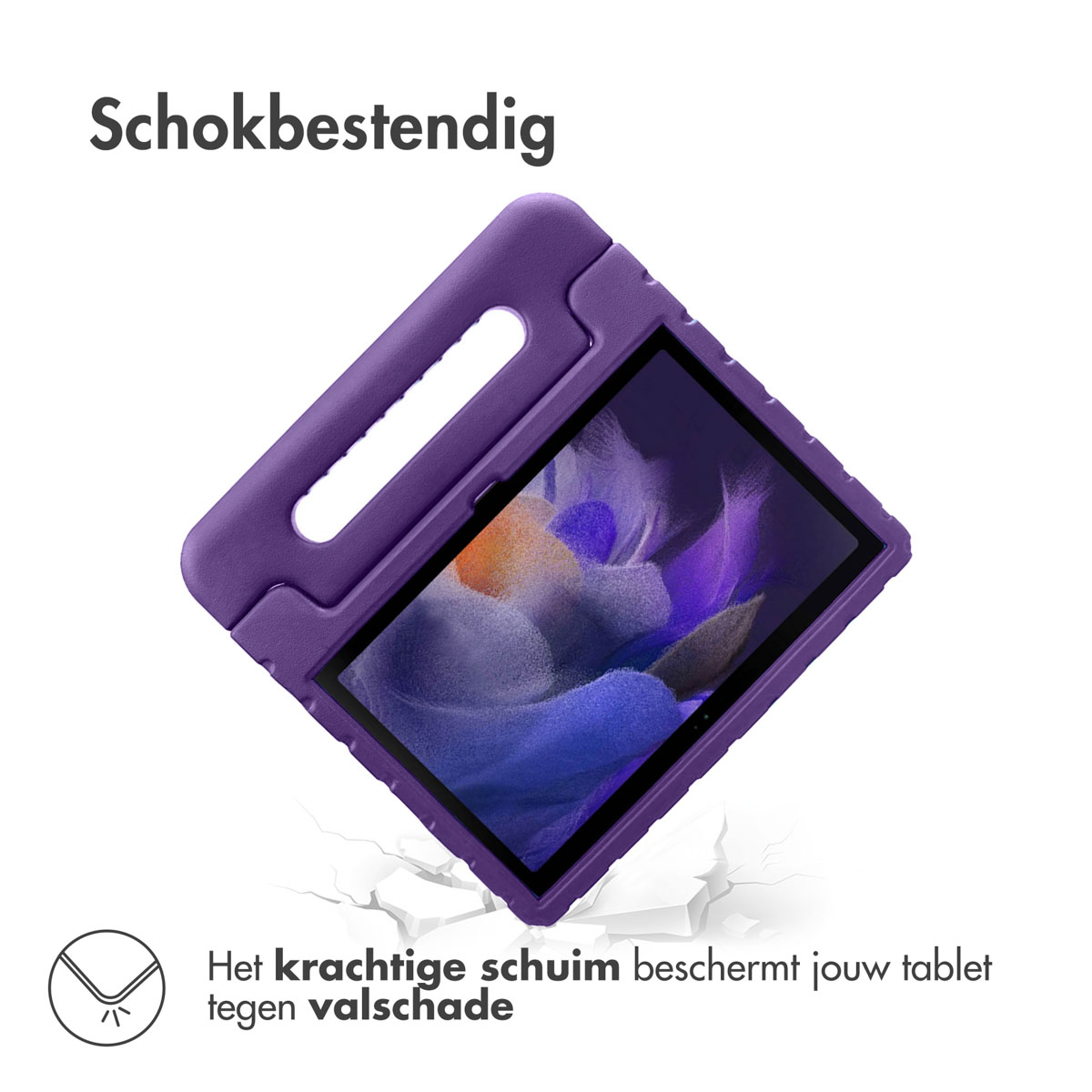 Paarse tablethoes, tekst 'Schokbestendig'. Scherm van de tablet is te zien.