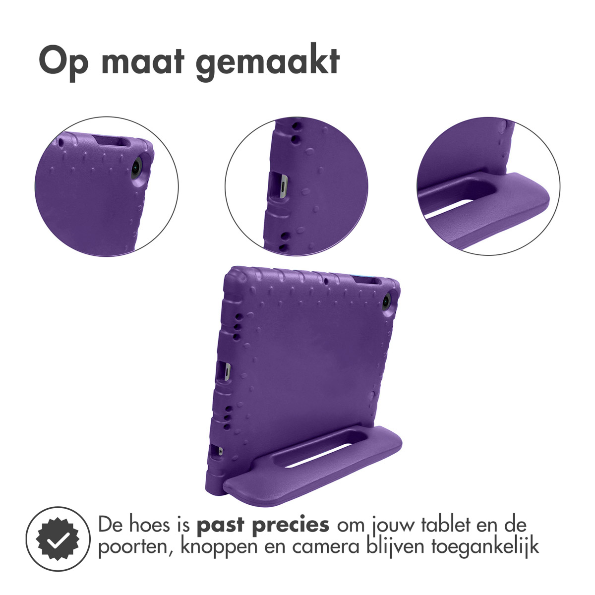 Paarse tablethoes met standaard. Close-ups van de hoes en poorten. Witte achtergrond.