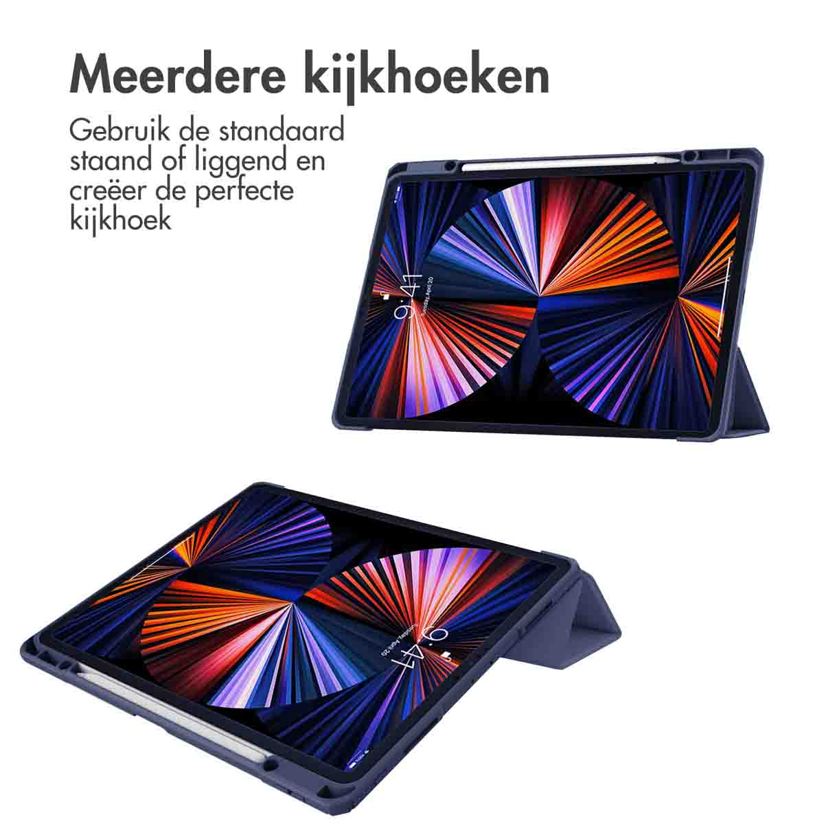 Two tablets with cases, one upright, one angled. Both have colorful abstract art screens.