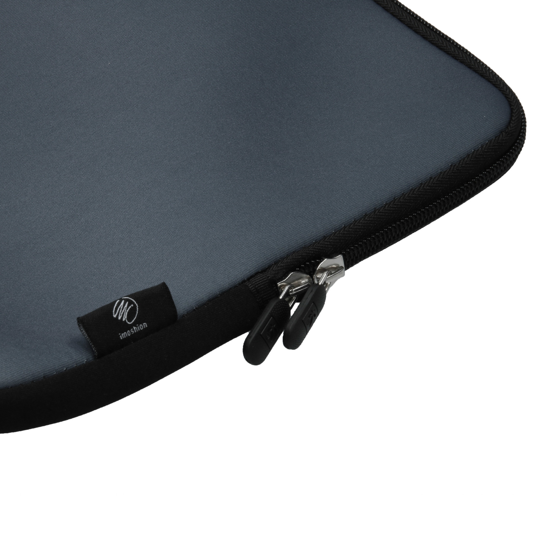 Graue Laptoptasche mit schwarzem Reißverschluss und zwei Zippern.