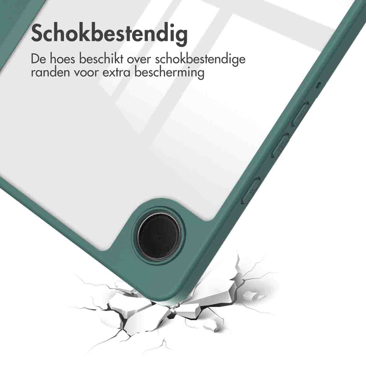 Close-up of a tablet case, green with a clear screen protector. The case is cracked.