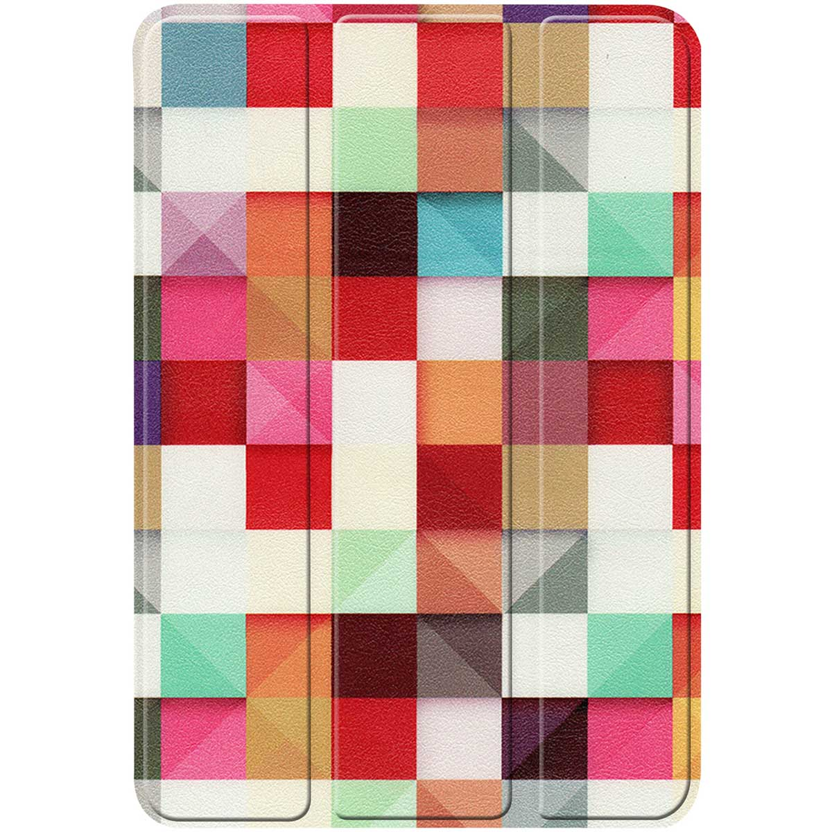 Tablet case with a colorful, geometric pattern. The case is in a rounded rectangle shape.