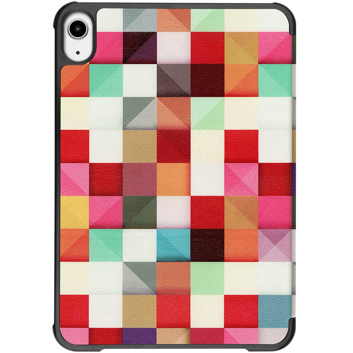 iPad case with a colorful geometric pattern of red, pink, and other colors.