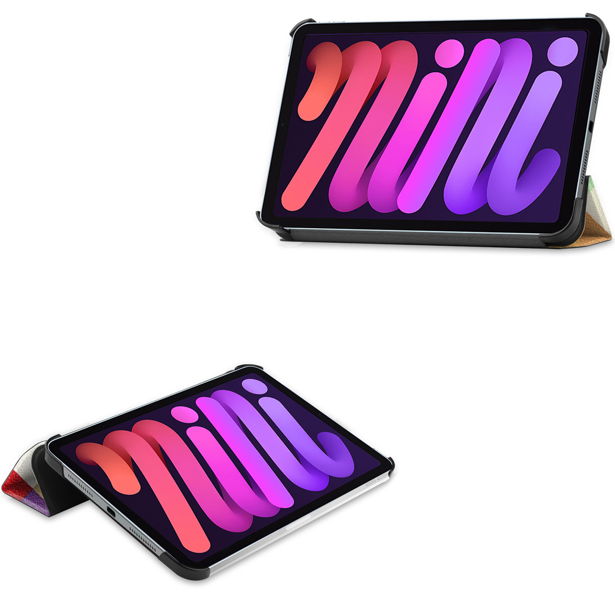 Tablets in cases, shown at different angles. Each case has a colorful design.