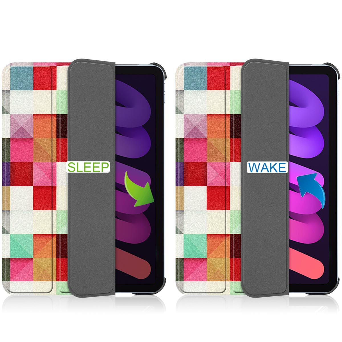 Two tablet cases, one open, one closed. Both have colorful, geometric patterns and arrows.