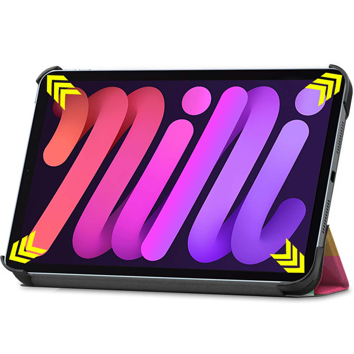 Tablet in a case with corner protection, arrows indicate protection. Colorful screen. White background.
