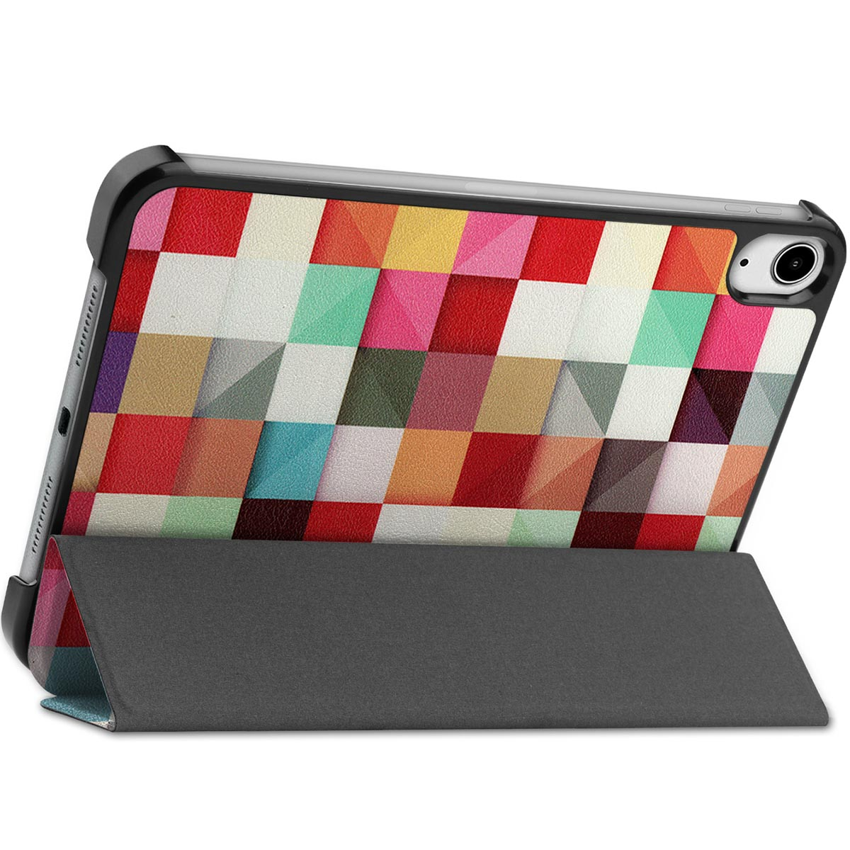 Tablet case, with colorful geometric design on the back. The case is open.