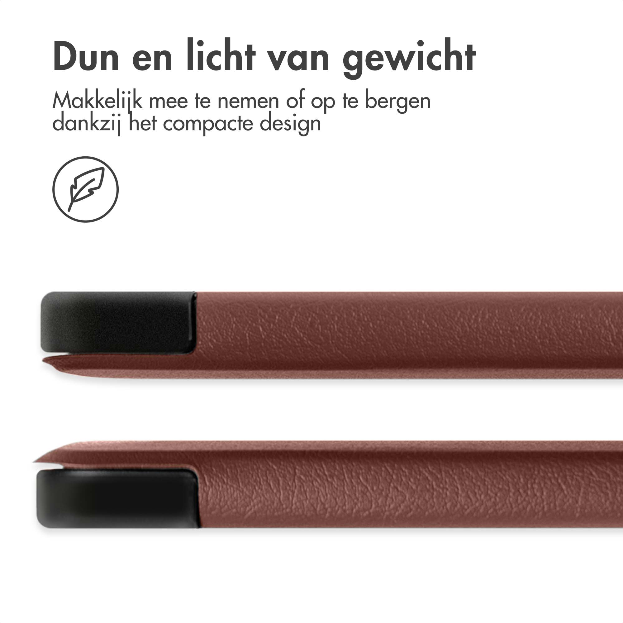 Close-up of a brown case edge with a black accent. Text: 'Thin and lightweight'.