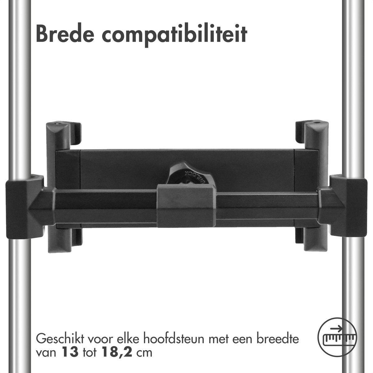 Black mount with two poles, compatible with 13-18.2 cm width.