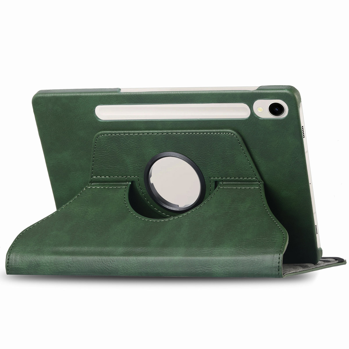 Groene tablethoes met een tablet erin. De hoes heeft een draaimechanisme. Witte achtergrond.