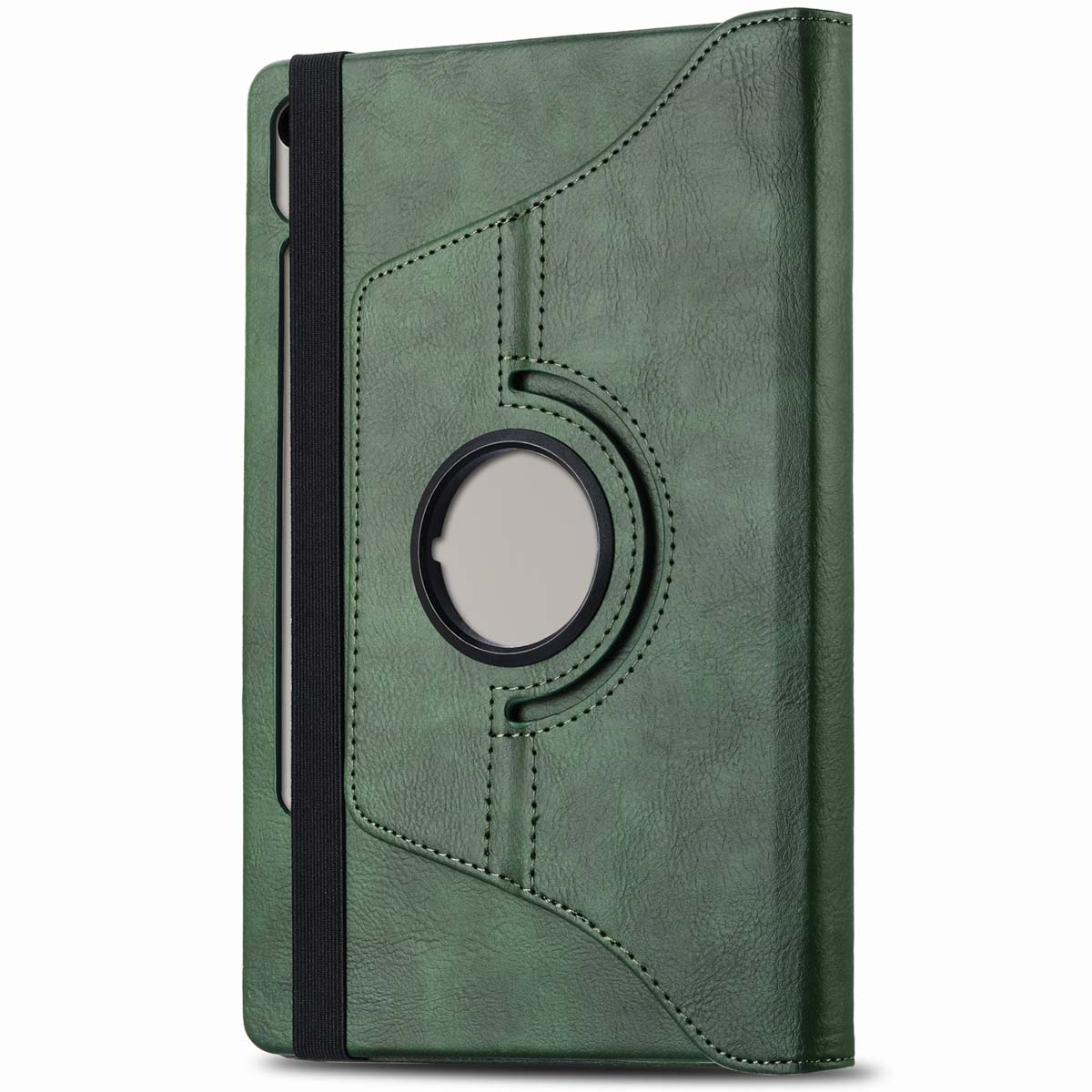 Groene tablethoes, gesloten. Zwarte elastische band. Ronde uitsparing. Stikseldetails.