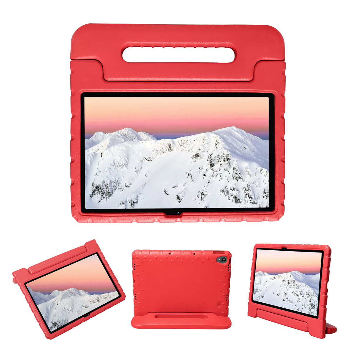 Red tablet case with handle. Three views of the tablet with the case.