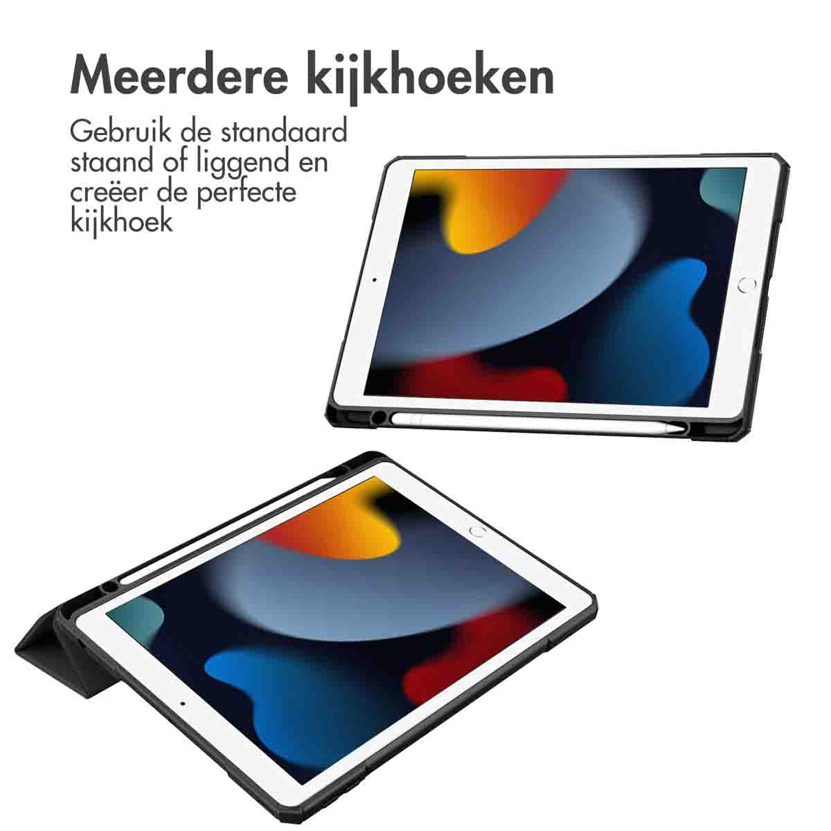 Tablets in cases, showing different viewing angles. One tablet has a stylus.