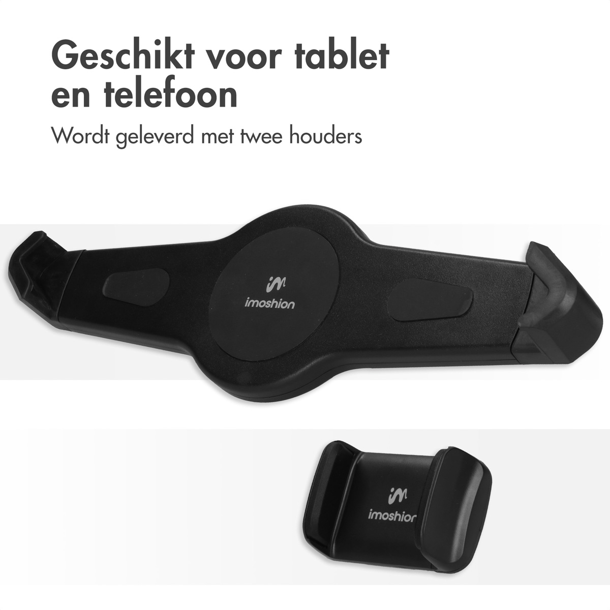 Two black phone/tablet holders, one large and one small.
